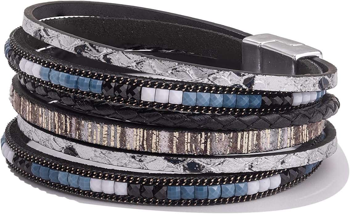 FANCY SHINY Boho Leather Wrap Bracelets Trendy Layered Bracelets with Magnetic Clasp Strackable Bohemian Jewelry Gifts for Women