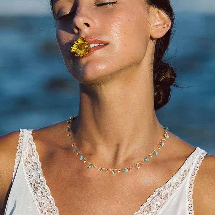 MTMY Beaded Necklaces for Women 14K Gold Plated Dainty Colorful Green/Rose Beaded Pearl Choker Necklace Delicate Boho Choker Necklace Jewelry Gift