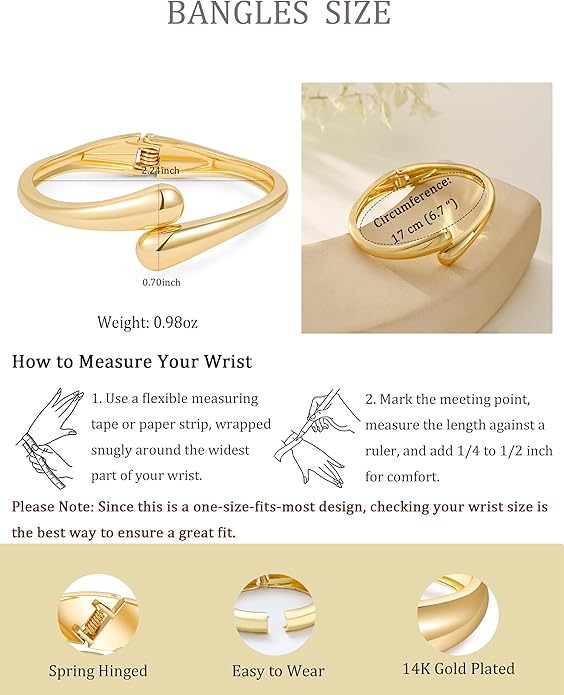 Bangle Bracelets for Women | 14K Gold Plated Trendy Wide Bracelets | Hinged Arm Cuff Bangles Chunky Bracelet for Women