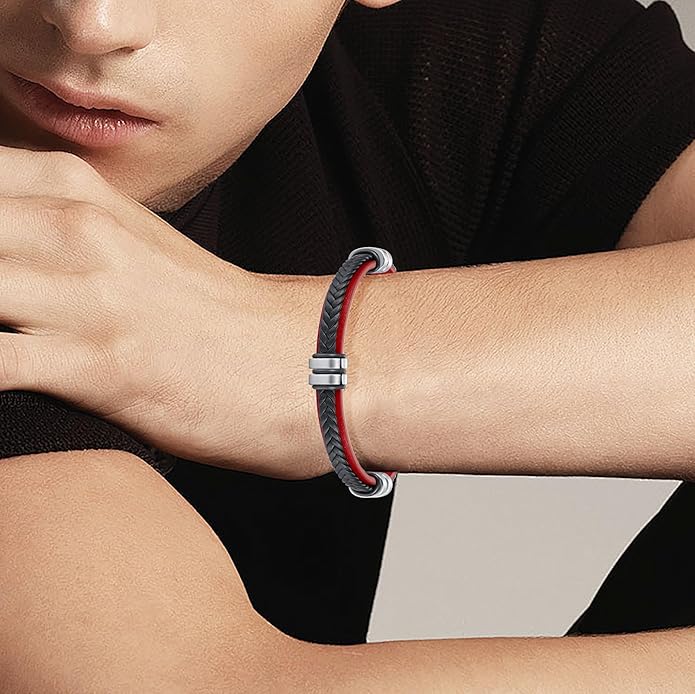 Leather Bracelet for Men with Adjustable Stainless Steel Magnetic Clasp Multi-Layer Braided Mens Leather Bracelet