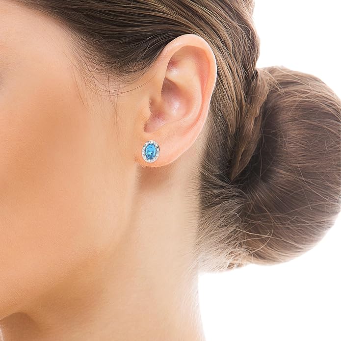 10K White Gold Oval Gemstone and Natural Round Diamonds Stud Earrings for Women - Hypoallergenic Trendy Ladies Earrings for Women - Jewelry Gifts for Wife