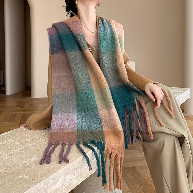 SHOHOKU Large Chunky Plaid Scarf Coloured Checked Oversized Scarf Tassel Soft Fall Winter Thick Warm Shawl Women
