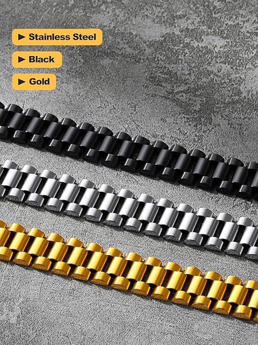U7 Link Bracelets for Men, Cuban Link/Rope/Watch Band Solid Bracelet, Silver Black Gold Color Wrist Bracelet 3/6/9/12/15mm Width, 6.5/7.5/8.3 Inch Length, Hand Chain Jewelry for Mens Women