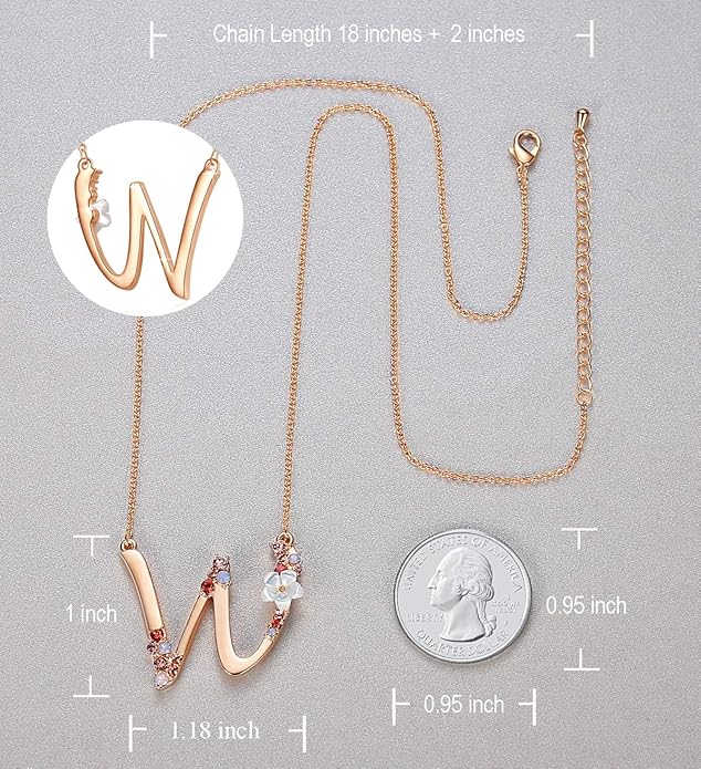 Flower Initial Letter Necklace Pink Red Blue Simulated Pearl Pendant Name Jewelry Made with Austrian Crystals Rose Gold Plated Anniversary Birthday Gifts for Women,18"+2"
