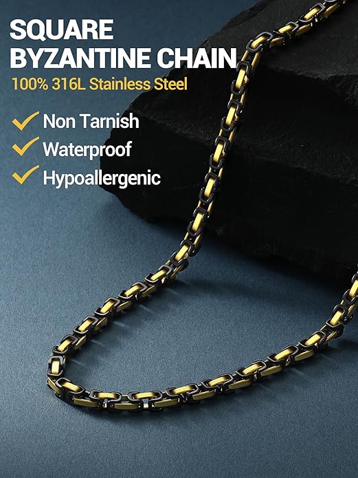 PROSTEEL 4MM/6MM/8MM Stainless Steel Necklace for Men Women, Stylish and Cool, Byzantine Chain Black Gold Silver Tone, 18-30 Inches, Come Gift Box