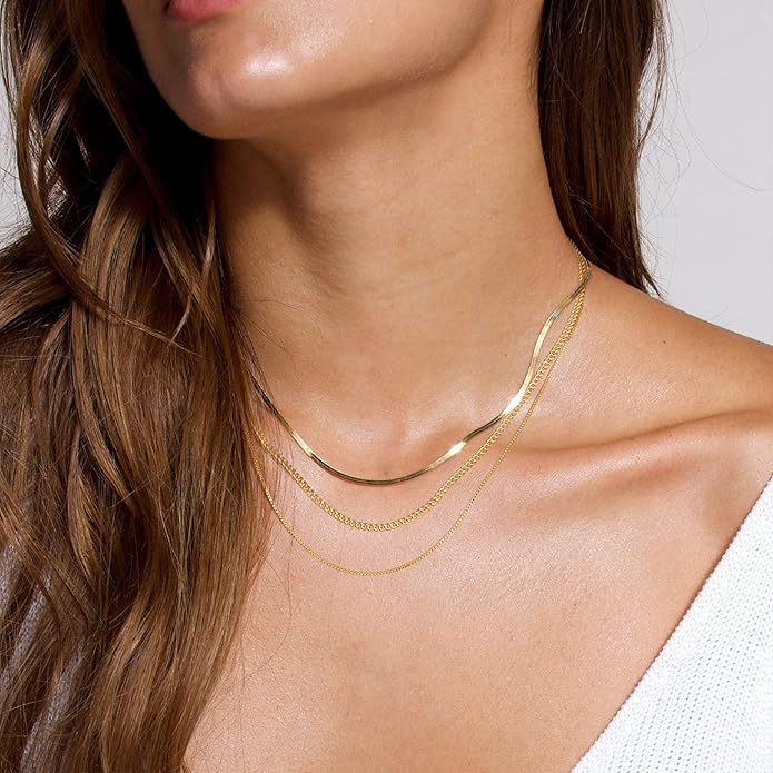 Freekiss Herringbone Necklace for Women,Dainty Gold Necklace,14k Gold Plated Snake,Gold Chain Choker Necklaces,Simple Gold Layered Necklaces,Gold Jewelry Gift for Women