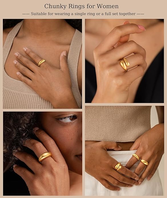 ZOERAY Chunky Gold Rings for Women Non Tarnish Trendy 14k Gold Plated Adjustable Signet Band Stackable Thumb Ring Set Open Twist Dome Statement Stacking Rings Jewelry Gifts for Women Size 5-10