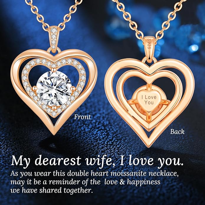 Moissanite Heart Pendant Necklaces for Women, 925 Sterling Silver Necklace Engraved with 'I LOVE YOU', Ideal Anniversary Birthday Christmas Valentine Mothers Day Jewelry Gifts for Mom Wife Girlfriend Daughter Her