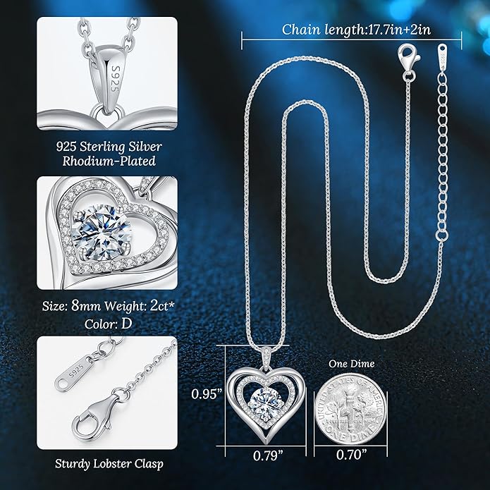 Moissanite Heart Pendant Necklaces for Women, 925 Sterling Silver Necklace Engraved with 'I LOVE YOU', Ideal Anniversary Birthday Christmas Valentine Mothers Day Jewelry Gifts for Mom Wife Girlfriend Daughter Her