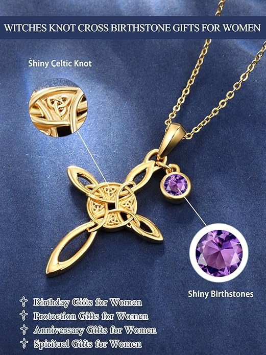Witches Knot Necklace for Women, 14K Gold Celtic Knot Cross Jewelry with Triquetra Trinity with Birthstone Pendant, Birthday Witchy Spiritual Gifts for Her Wife Mom Grandma, 18+2 Inch Chain