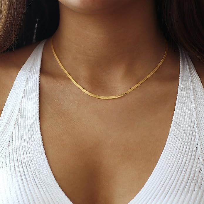 CHESKY Gold Necklace for Women-14K Gold Plated/Sterling Silver Plated Snake Chain Necklace Dainty Simple Chunky Herringbone Necklace Choker Necklaces Jewelry for Women