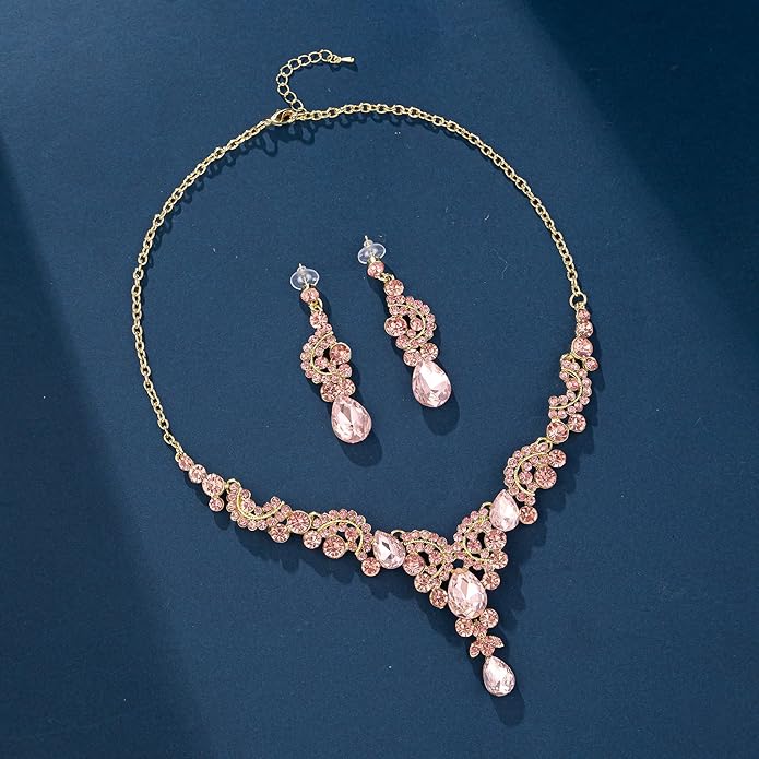 Paxuan Crystal Bridal Wedding Jewelry Sets for Women Rhinestone Teardrop Crystal Statement Choker Necklace Drop Earrings Link Bracelets Rings Teardrop Jewelry Set for Brides Bridesmaids