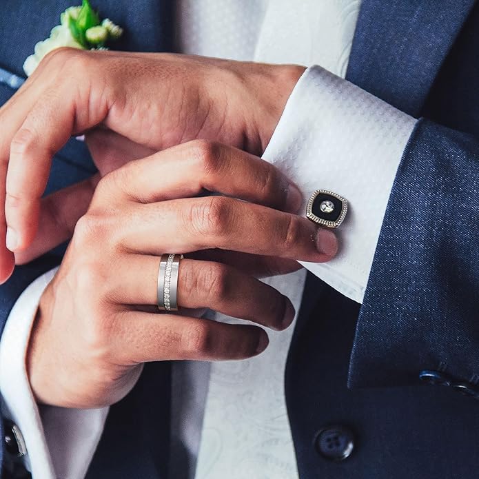 King Will Mens Tungsten Wedding Band with Cubic Zircon Inlay 7mm/8mm Flat Cut Comfort Fit Engagement Rings