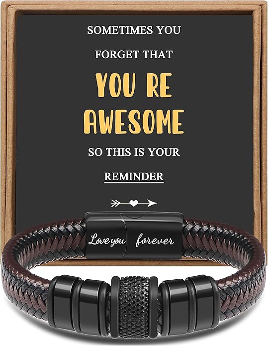 𝐆𝐢𝐟𝐭 𝐟𝐨𝐫 𝐌𝐞𝐧 Braided 𝐋𝐞𝐚𝐭𝐡𝐞𝐫 𝐁𝐫𝐚𝐜𝐞𝐥𝐞𝐭 for Men Dad Husband Boyfriend Son Grandson Brother Stainless Steel Clasp Engraved with Love You Forever Jewelry Birthday Gift 7.5 8.5 9 Inch
