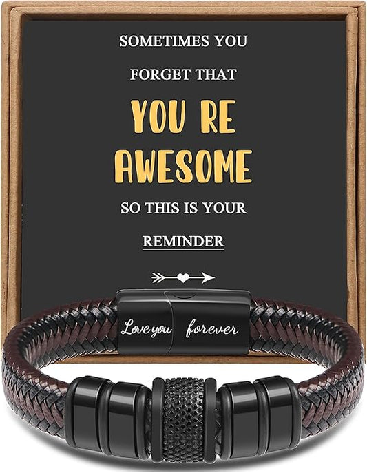 𝐆𝐢𝐟𝐭 𝐟𝐨𝐫 𝐌𝐞𝐧 Braided 𝐋𝐞𝐚𝐭𝐡𝐞𝐫 𝐁𝐫𝐚𝐜𝐞𝐥𝐞𝐭 for Men Dad Husband Boyfriend Son Grandson Brother Stainless Steel Clasp Engraved with Love You Forever Jewelry Birthday Gift 7.5 8.5 9 Inch