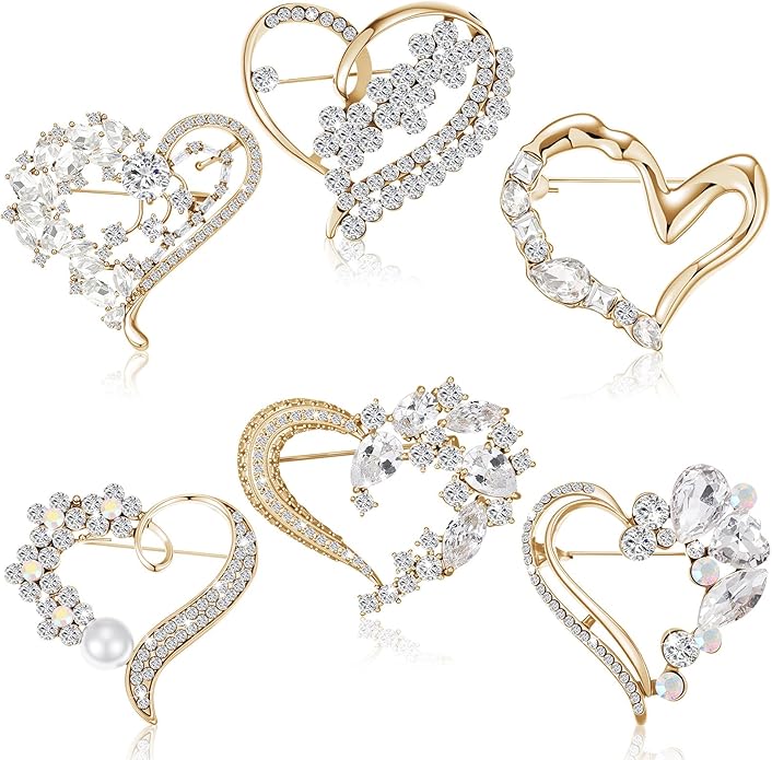 Junkin 6 Pcs Love Heart Brooch Pin Women Crystal Rhinestone Gift Hollow Lapel Crystal Brooch Pins for Girls Party Wedding Festivals Valentine's Day