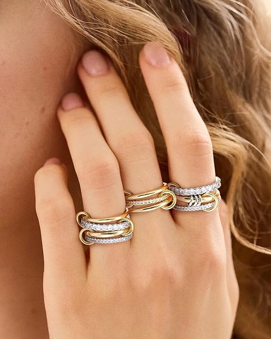 Gold Stackable Rings for Women, Non Tarnish 14K Gold Plated Cubic Zirconia Mixed Metals Stacking Connected Rings Set Jewelry Gifts