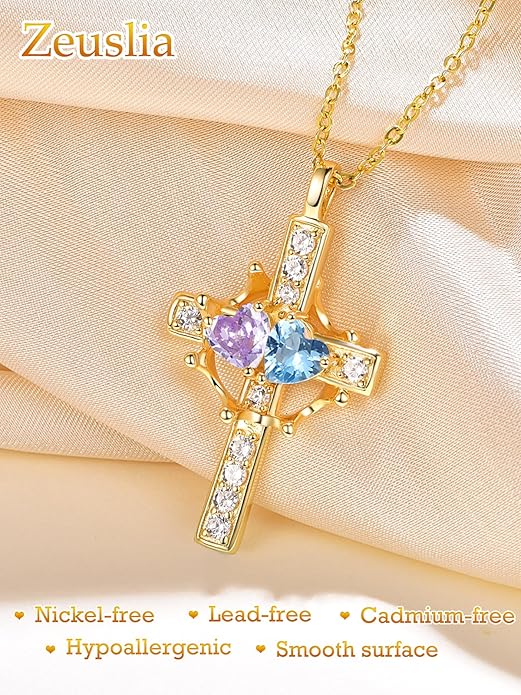 Zeuslia Double Birthstone Necklace Gifts for Wife - 925 Sterling Silver Sunflower/Rose/Crown Cross/Compass/Heart Pendant I Love You Necklace, Anniversary Birthday Gifts for Wife Girlfriend Mom Her