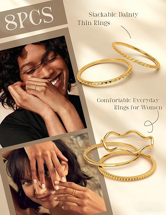 THUNARAZ 8Pcs 1mm Stainless Steel Rings for Women Men Fashion Plain Band Knuckle Stacking Midi Thumb Dainty Thin Rings Set Size 5-10 Silver Gold Tone
