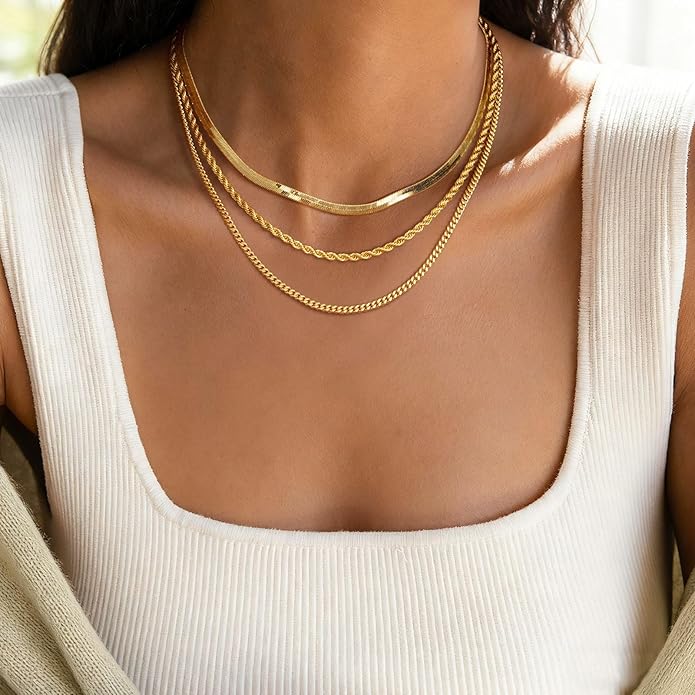 Layered Gold Necklace for Women Dainty 14K Gold/Silver Plated Stacked Necklace for Women Trendy Cuban Paperclip Herringbone Chain Diamond Pendant Necklaces Jewelry Set Accessories Gift