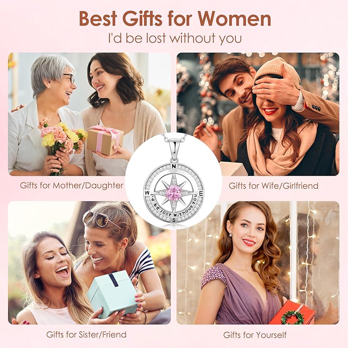 Zifeel Compass Necklace Gifts for Women wife - S925 Sterling Silver Birthstone Necklaces for Women - Anniversary Birthday Gifts for Her Wife Girlfriend - Valentines Mom Mothers Day Christmas Gifts Jewelry for Women