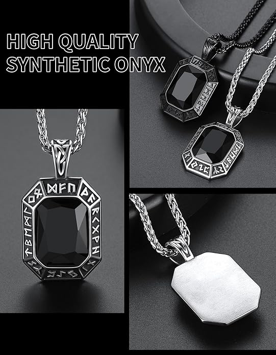 ChainsHouse Viking Rune Pendant Necklace for Men Women, Punk Biker Black Metal/316L Stainless Steel Onyx Norse Vintage Amulet Necklaces with Black/Red/Green/Blue Gemstone, Send Gift Box