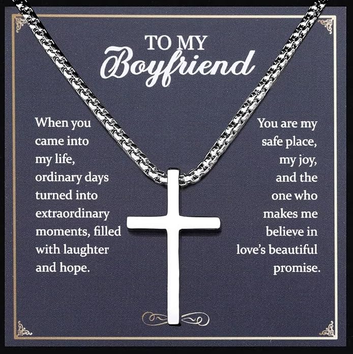 TEN MIRO Silver/Black Cross Necklace for Men Boy Stainless Steel Cross Pendant Necklace for Men Christian Religious Jewelry with Box & Card Birthday Anniversary Christmas Father's Day Gifts for Him