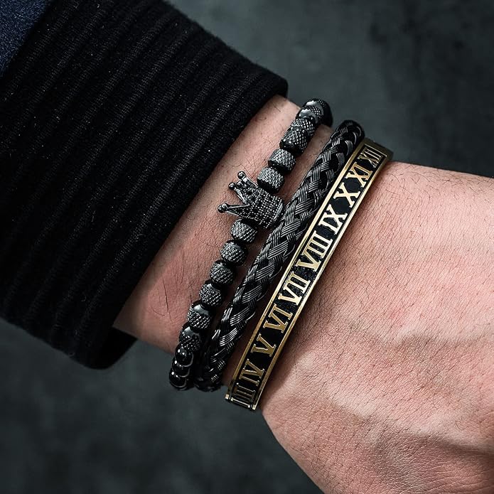 WFYOU 3PCS Stainless Steel Bracelets for Men Gold Roman Numeral Bangle Bracelet Twisted Cable Bracelet Adjustable Cuff Bracelet Mens Luxury Jewelry Bracelets Gifts