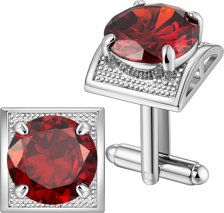 HAWSON Large Silver Birthstone Cuff Links Mens, Colorful Gem Cufflinks for Shirt Suit Accessories, Birthday Anniversary Wedding Gifts for Groommens Husband Father