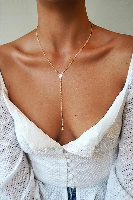 Lariat Gold Necklaces for Women Trendy Dainty Long Necklace 14k Gold Plated/Silver Layered Drop Beaded Chain Necklaces Y-shaped Pendant Necklace Simple Gold Jewelry Gifts