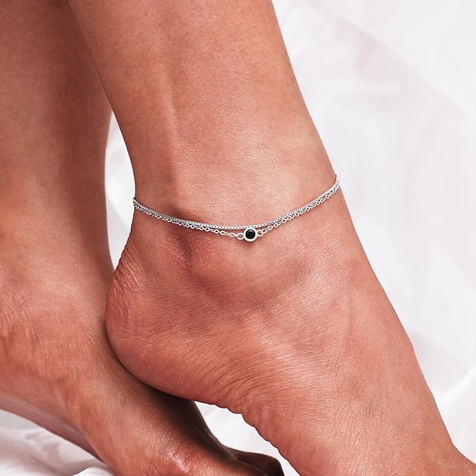 CHIC & ARTSY 925 Sterling Silver Ankle Bracelet Multilayer Anklets for Women Satellite, Star, Cross, Circle, Butterfly, Teardrop, Oval Disk Layered Anklet Beach Jewelry