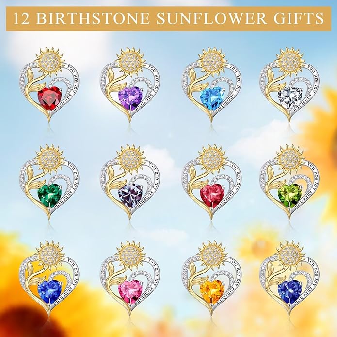 Iefil Christmas Gifts for Women Wife Mom - Sunflower Birthstone Necklace for Women, Anniversary Birthday Gifts 925 Sterling Silver Heart Pendant You Are My Sunshine Jewelry for Girlfriend Mom Daughter