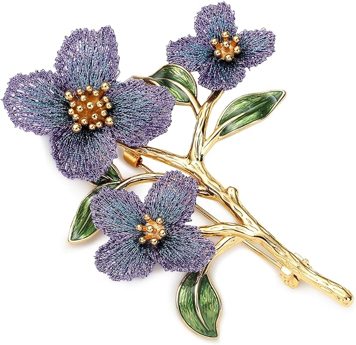 Forget me not Flower Brooch Handmade Gold Thread Embroidered and hand-Drip Enamel leaf, Gradient Botanical Floral Brooch pins for women, SHE'S FREE STYLE JUST FOR YOU [Bencao Gangmu Series]Vintage Plant Jewelry