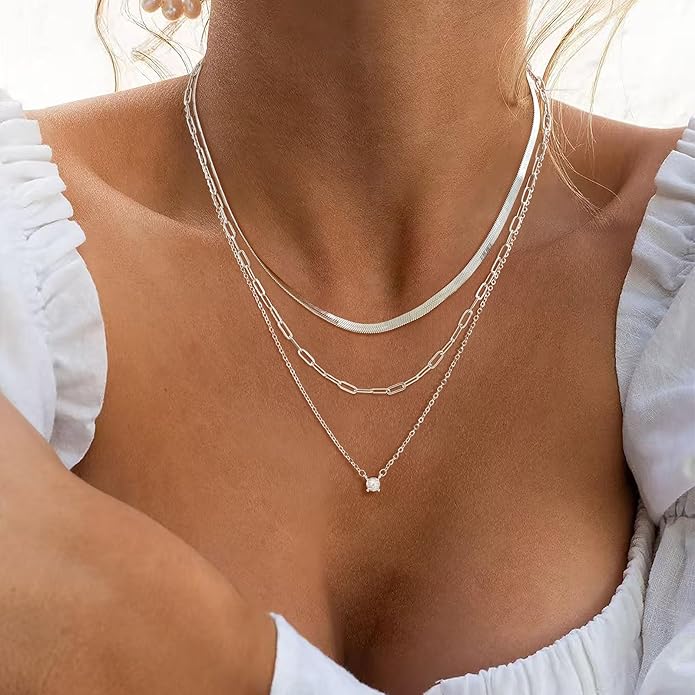 Layered Gold Necklace for Women Dainty 14K Gold/Silver Plated Stacked Necklace for Women Trendy Cuban Paperclip Herringbone Chain Diamond Pendant Necklaces Jewelry Set Accessories Gift