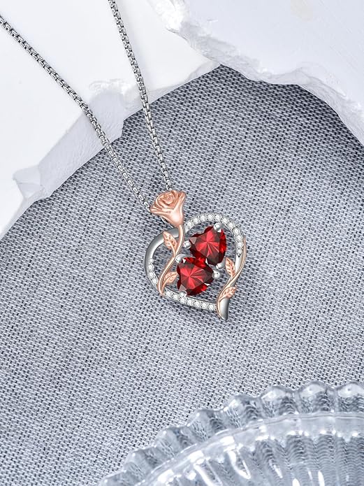 Christmas Gifts for Women Rose Heart Birthstone Pendant Necklace I Love You Forever Jewelry Valentine Mothers Day Birthday Gifts for Women Her Wife Girlfriend