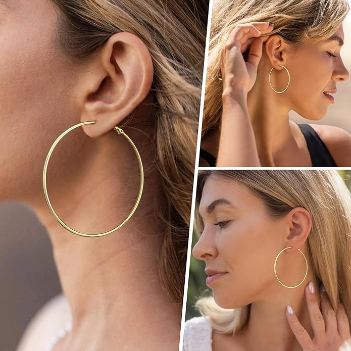 Big Gold Hoop Earrings for Women Hypoallergenic 925 Sterling Silver Post Thin Loop 14K Gold Plated Hoop Earrings Set for Women, 3 Pairs