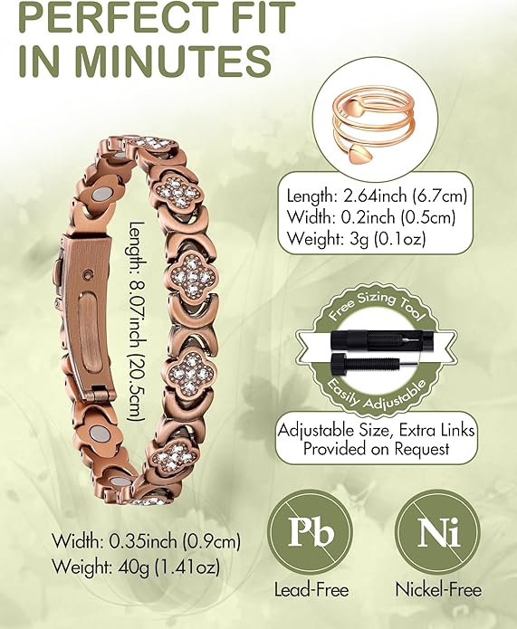 Feraco Pure Copper Bracelets for Women, Ultra Strength Magnetic Therapy Bracelet for Pain Relief with Neodymium Magnets & Sparkling Cubic Zirconia, Adjustable, Infinite Clover Jewelry