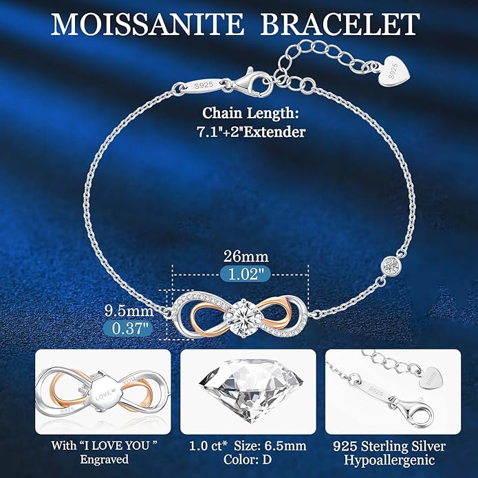 Moissanite Infinity Heart Bracelets for Women,925 Sterling Silver,18K Gold Plated,Adjustable Anniversary Birthday Fine Jewelry Gifts for Wife Her Mom
