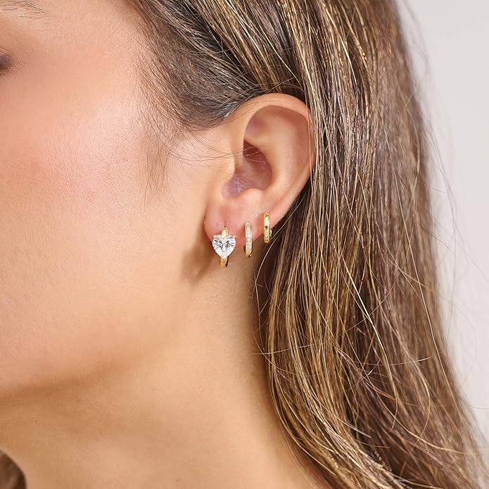 3Pairs Small Gold Huggie Hoop Earrings for Women,Romantic heart,Twisted braid two colors,3 CZ Hoop,5 Round Zircon Sport Hoops Earrings Set,14K Gold Filled Silver Hypoallergenic Earring Excellent gift