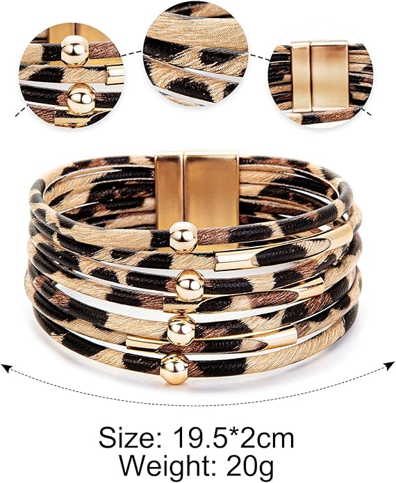 Fesciory Leather Wrap Bracelets for Women, Boho Leopard Multi-Layer Crystal Beads Cuff Bracelet Jewelry