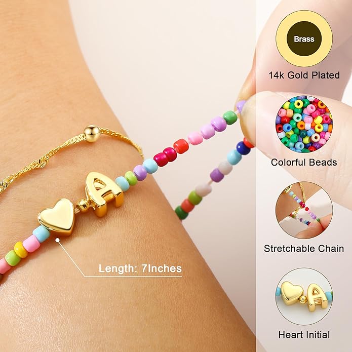 Ursteel Colorful Initial Heart Bracelets for Women - 14K Gold Plated Beaded Letter A-Z Bracelet, Layered Stretch Initial Bracelets, Women Trendy Bohemian Jewelry Birthday Gifts