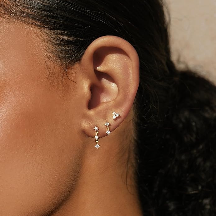 Gold Plated Earrings for Women, 14k Gold Plated Earring Stack Hypoallergenic Pearl Drop Earring Dainty Earrings for Women Trendy Cute Small Huggie Hoop Earring Fashion Womens Jewelry