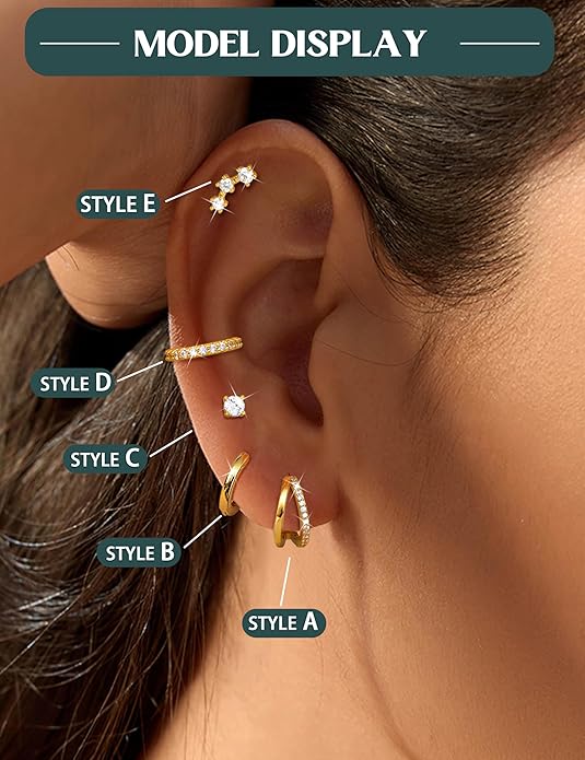Florideco 925 Sterling Silver Earrings for Women Trendy Hypoallergenic Small Gold Hoop Earrings 14K Gold Plated Stud Earring Sets for Multiple Piercing CZ Ear Cuff Cartilage Earring Stacks