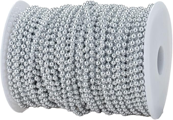 YoungJewl 4mm Crafts Faux Pearl Beads Garland Pearl Bead Roll Strand of Pearls to Decorate Floral Centerpieces Wedding Party Favor Christmas Tree(131 Feet Silver)