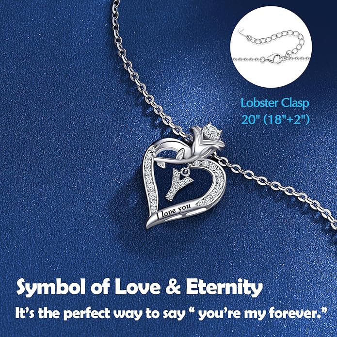 DWWGE Rose Heart Pendant Necklace Gifts for Wife, Engraved 'I love you' Gift for Wife Girlfriend, Anniversary Birthday Eternity Jewelry Present for Women, Moissanite Necklace Gift for Her