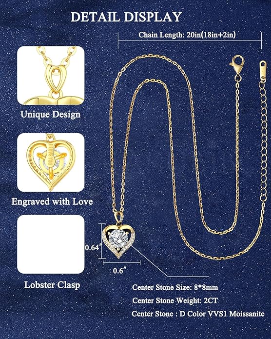 Moissanite Heart Necklace for Women,1-2 Carat Moissanite Pendant Necklace Engraved with 'I LOVE YOU,Birthday Gifts for Women,Mom, Girlfriend, Jewelry Gifts for Christmas Valentine's Day