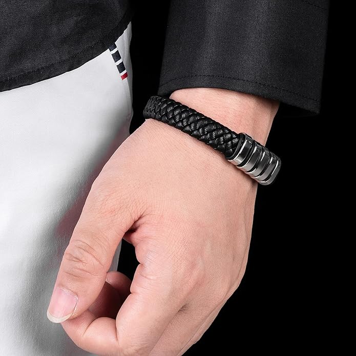 Leather Bracelet for Men Braided Cuff Wristband Stainless Steel Clasp in Silver and Gold Jewellery Gift
