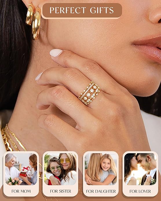 FUNEIA Stackable Silver Gold Rings for Women Non Tarnish 14K Gold Plated Thumb Cubic Zirconia Rings for Women Dainty Pinky Promise Wedding Ring Set Women's Engagement Eternity Band Rings Gold Jewelry