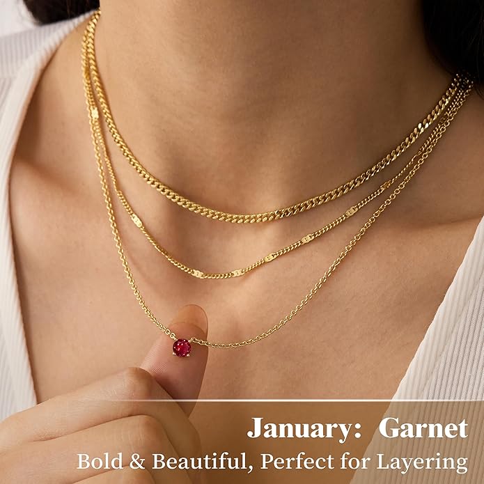 WomenGifts Layered Gold Necklaces for Women, 14K Gold Sterling Silver Plated Dainty Pendant Necklace Set with Cubic Zirconia Circle, Chunky Stackable Cuban Chain Choker, Trendy Personalized Birthstone Jewelry Gift Non Tarnish