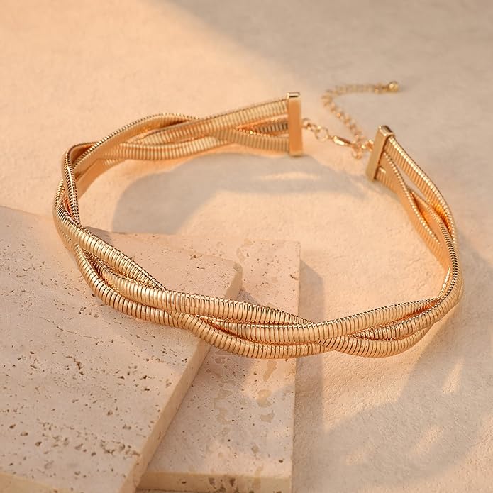 Chunky Stainless Steel Choker Necklace For Women, Gold Striped Flat Snake African Collar Exaggerated Necklace with Adjustable Chain Choker Jewelry for Women